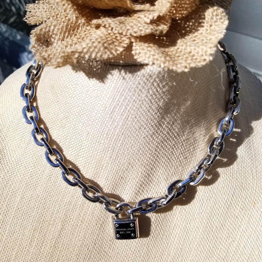 Micheal Kors Silver Chain Link Necklace Padlock